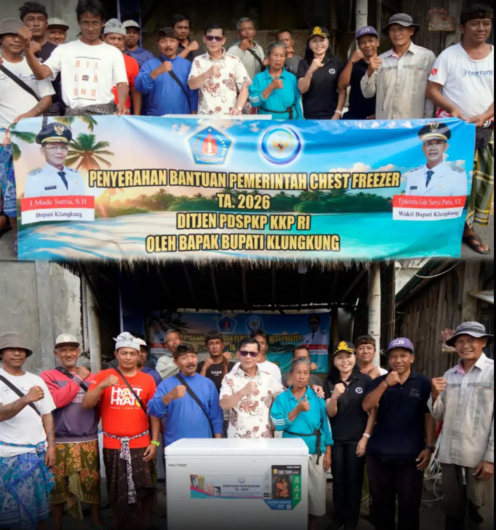 Bupati Klungkung menyerahkan bantuan sarana pascapanen berupa chest freezer dari Kementerian Kelautan dan Perikanan (KKP) RI kepada dua Kelompok Usaha Bersama (KUB) nelayan, yaitu KUB Putra Baruna (Desa Negari) dan KUB Bendega Saman Jaya (Desa Jumpai)