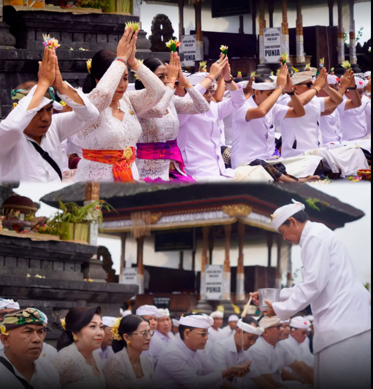 Bupati Klungkung I Made Satria didampingi Ny. Eva Satria bersama Wakil Bupati Tjokorda Gde Surya Putra menghadiri Puncak Karya Aci Pengenteg Jagat di Pura Gelap Besakih