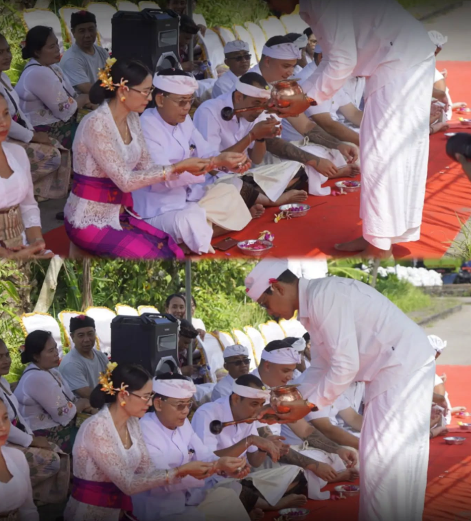 Bupati Klungkung bersama Ny. Eva Satria dan Wakil Bupati menghadiri upacara keagamaan Pecaruan dan Melaspas untuk fasilitas mesin pengolahan sampah Pyrolysis System di Hanggar C TOSS Center, Desa Kusamba