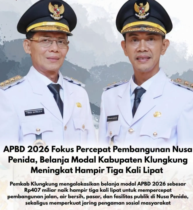 Pemerintah Kabupaten Klungkung melipatgandakan belanja modal pada APBD 2026 menjadi Rp407 miliar untuk mempercepat pemerataan pembangunan infrastruktur dan layanan dasar, khususnya di wilayah kepulauan Nusa Penida