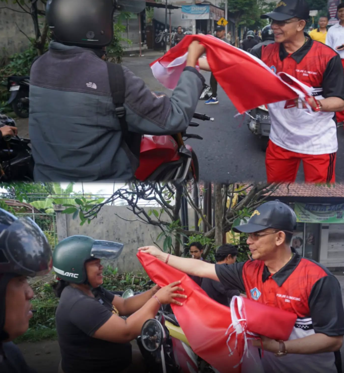 Menjelang Peringatan HUT ke-81 Kemerdekaan Republik Indonesia, Bupati Klungkung I Made Satria turun langsung memimpin pembagian Bendera Merah Putih kepada masyarakat di Perempatan Galiran