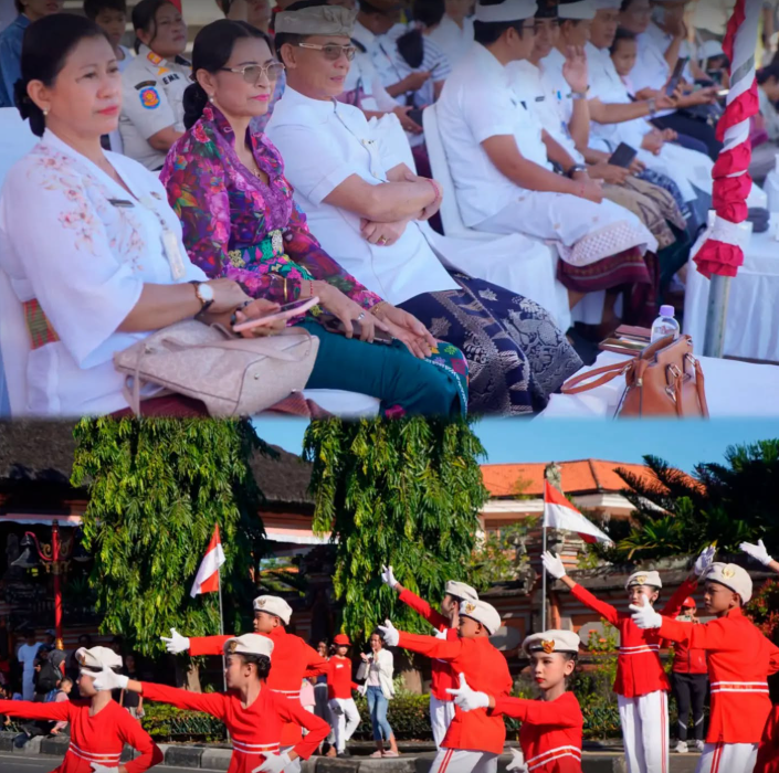 Bupati Klungkung, I Made Satria, bersama Ketua TP. PKK Ny. Eva Satria dan jajaran OPD menyaksikan langsung Lomba Gerak Jalan Indah Tingkat SD