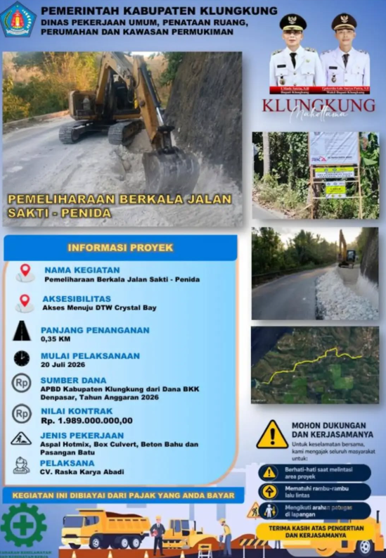 Pemerintah Kabupaten Klungkung resmi memulai pemeliharaan berkala Jalan Sakti-Penida sepanjang 0,35 kilometer sejak 20 Juli 2026